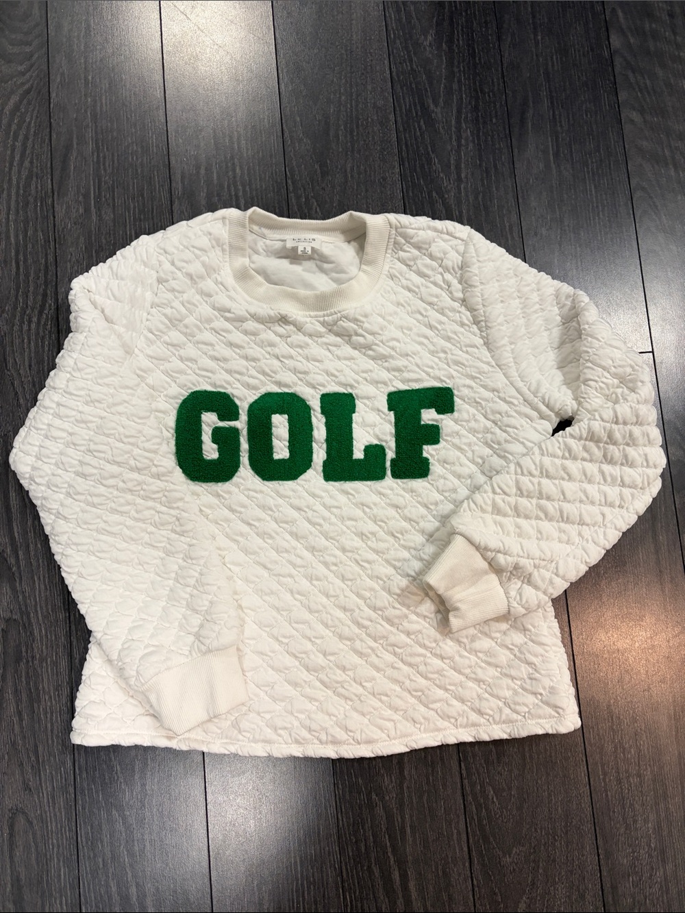 Lelis White Quilted Sweatshirt with Green "GOLF" Chenille Letters small